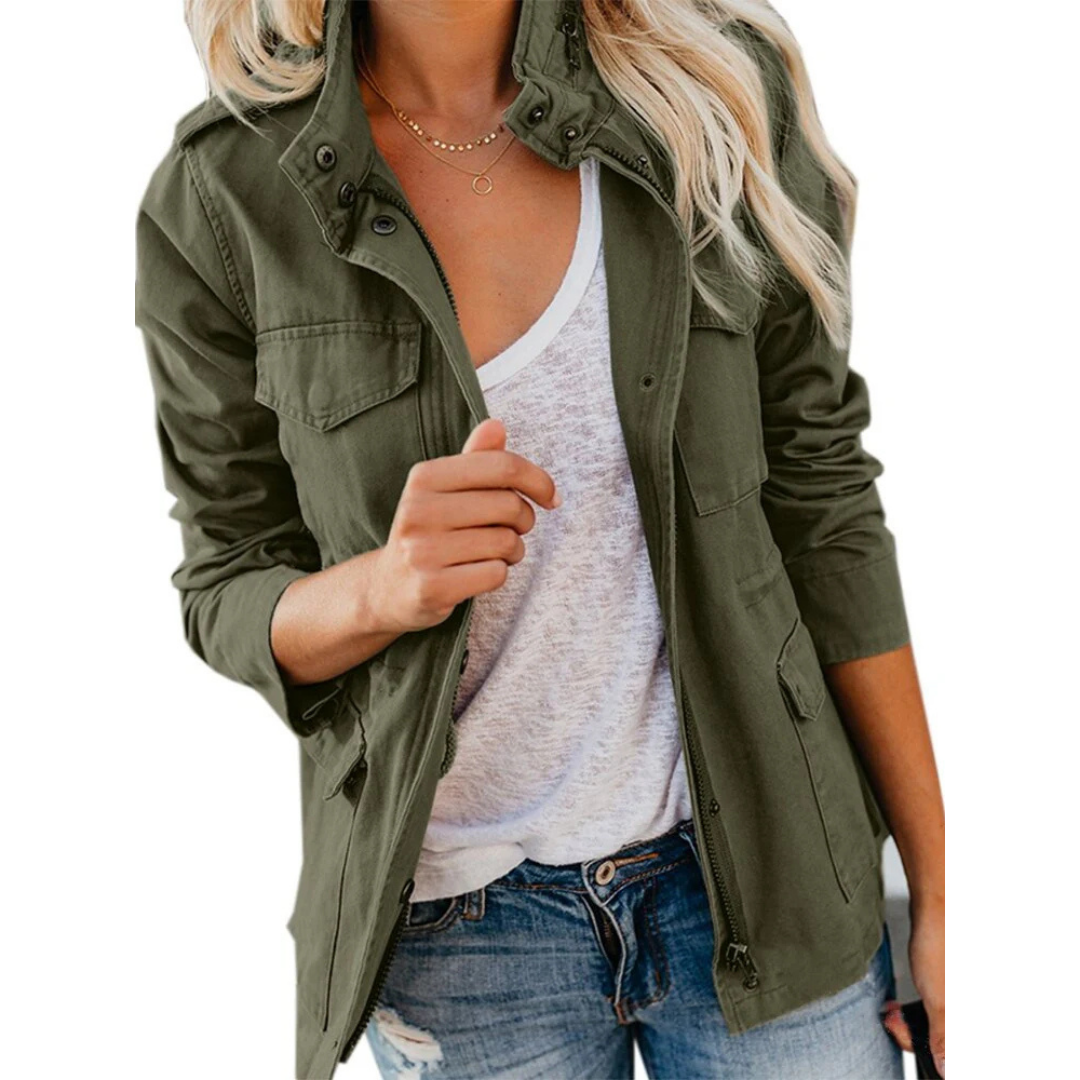 Fashionable women's utility jacket styled for everyday wear, offering comfort and a chic, versatile look.