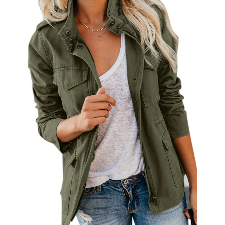 Fashionable women's utility jacket styled for everyday wear, offering comfort and a chic, versatile look.