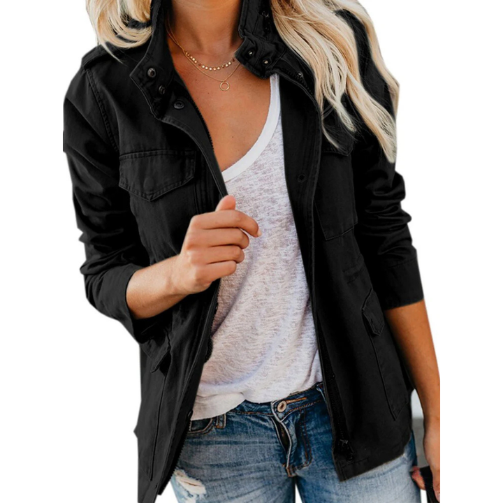 Full shot of a model wearing a women's fall utility jacket, ideal outerwear for a casual and trendy outfit.