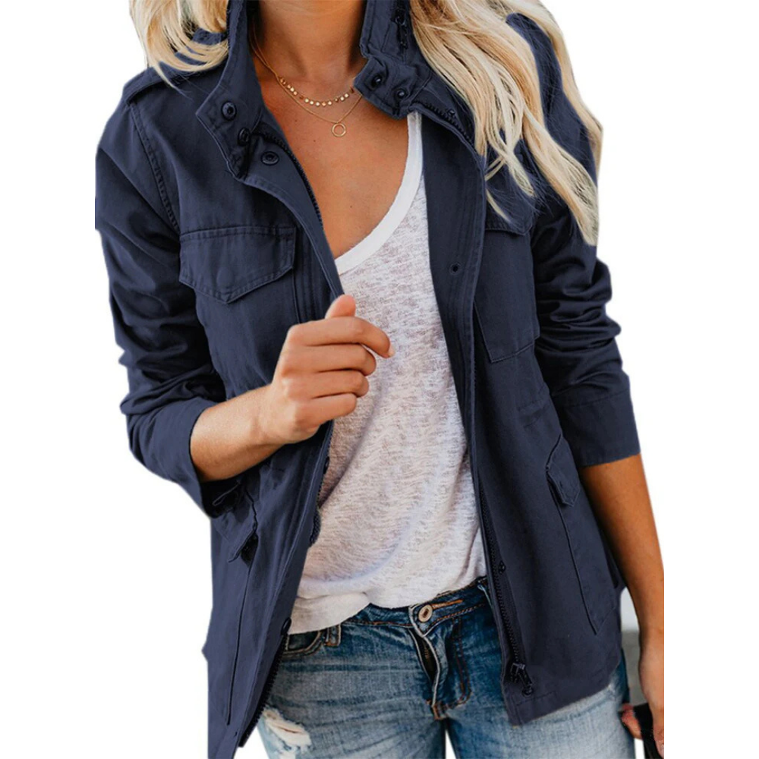 Rugged yet stylish women's utility jacket, an essential button-up layering piece for spring and fall fashion.