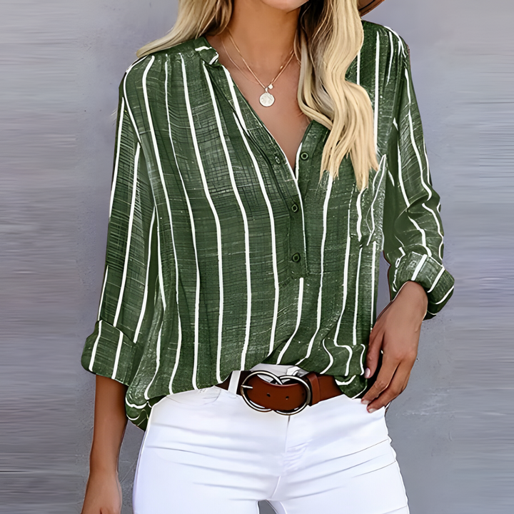 Fashionable women's vertical stripe blouse, a classic button-down style with comfortable 3/4 sleeves.