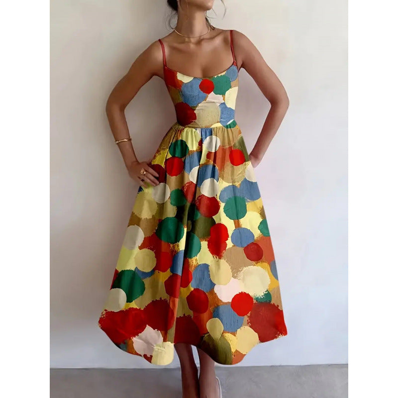 Women's vibrant artistic print midi dress. Flowy, comfortable, perfect for summer fashion & vacation style.