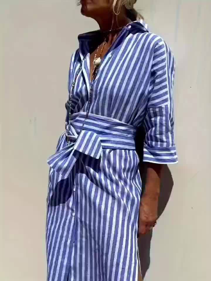 Black striped button-front dress with belt, women's everyday style, three-quarter sleeves.