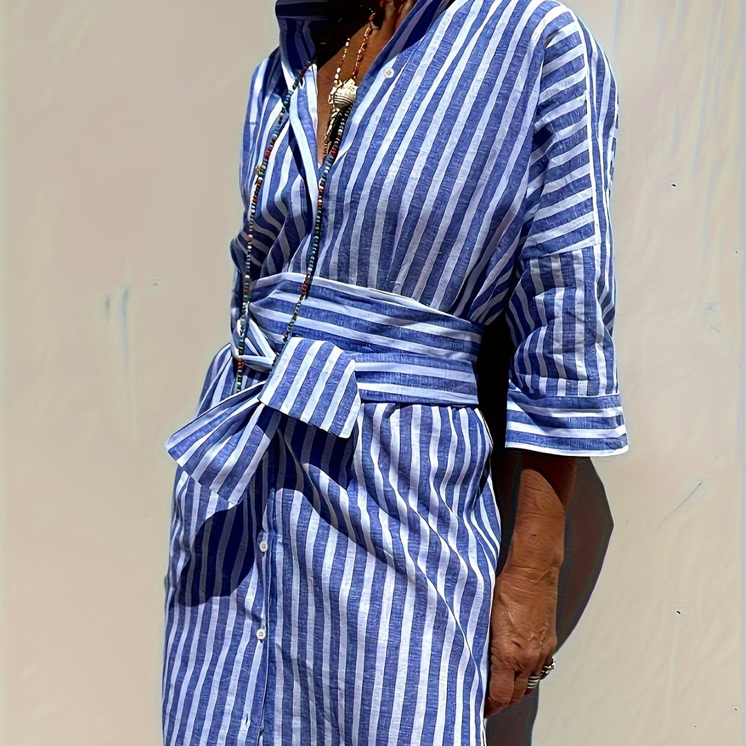 Red striped versatile shirt dress for women, button-front, belted, perfect for summer.