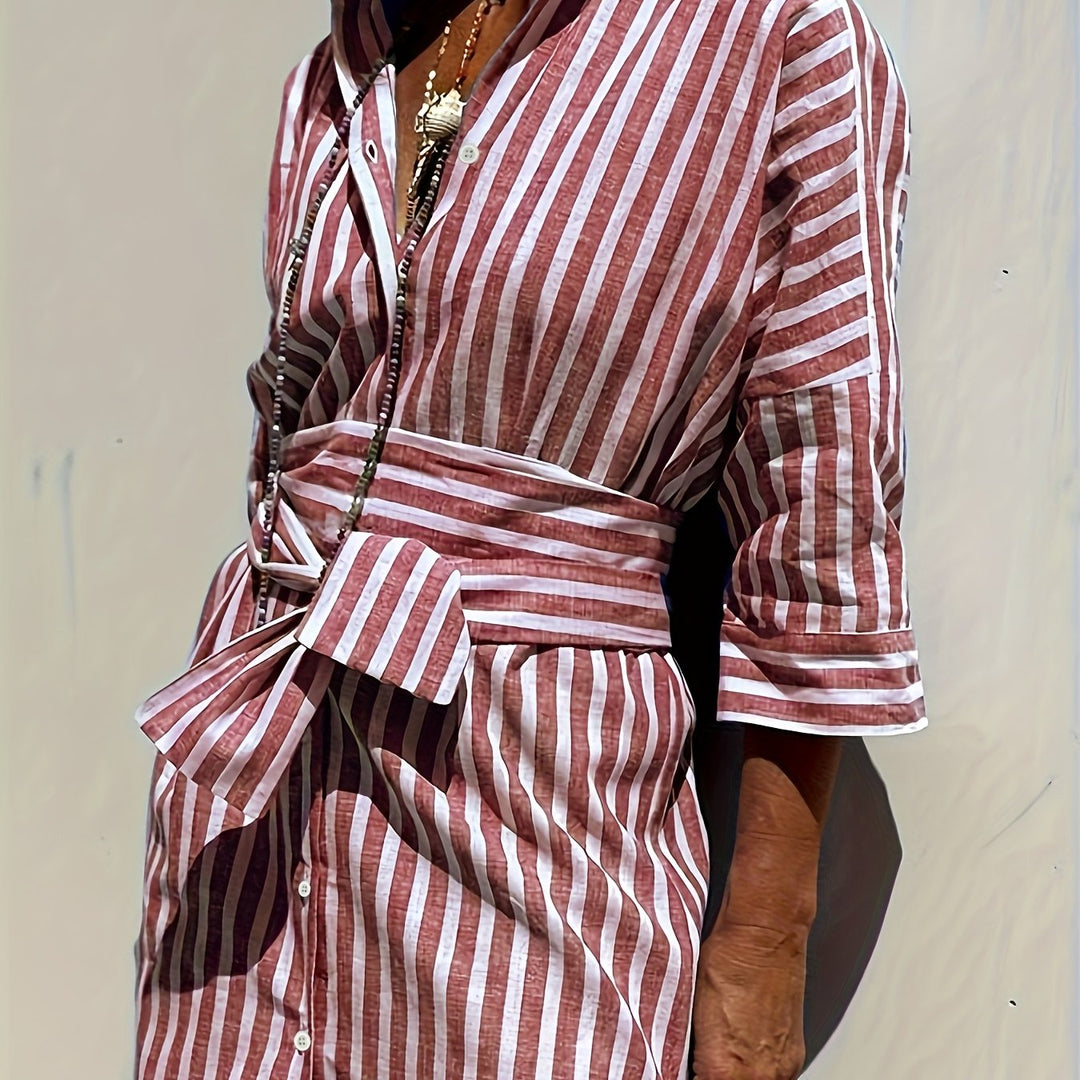 Women's vibrant blue striped casual shirt dress, button-front, belted, everyday fashion.