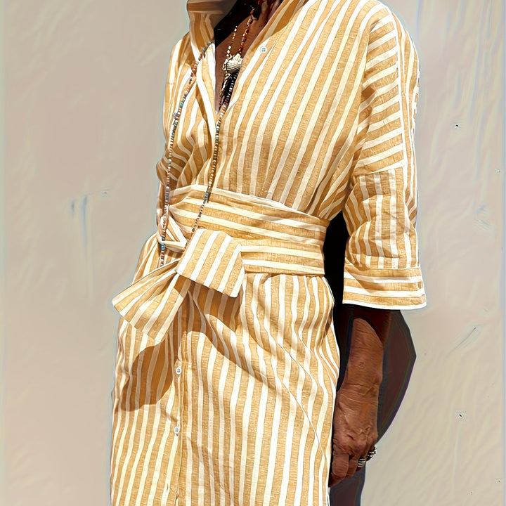 Striped button-front shirt dress with belt, black, women's, three-quarter sleeves, split hem.