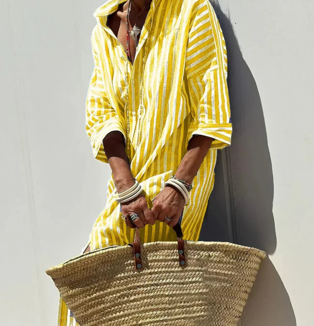 Red striped women's shirt dress, button-front, belted, summer casual, three-quarter sleeves.