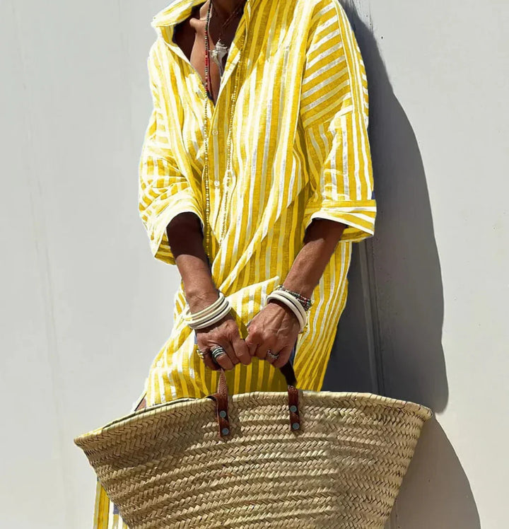 Red striped women's shirt dress, button-front, belted, summer casual, three-quarter sleeves.