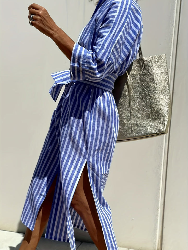 Casual black striped shirt dress for women, button-front, belted, ideal for everyday style.