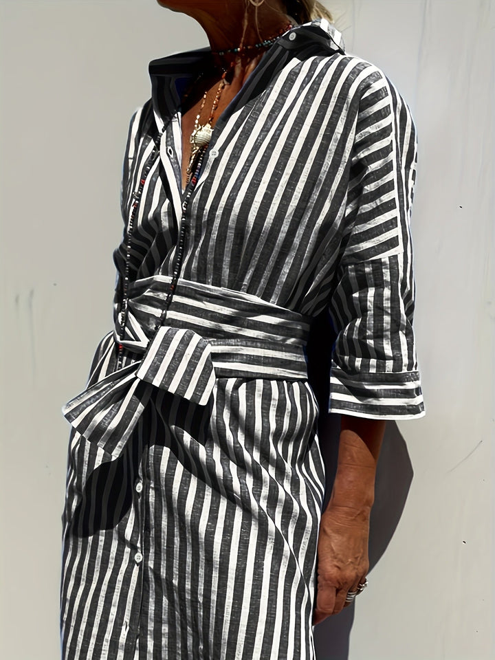 Versatile yellow striped button-front dress for women, belted waist, perfect for summer fashion.