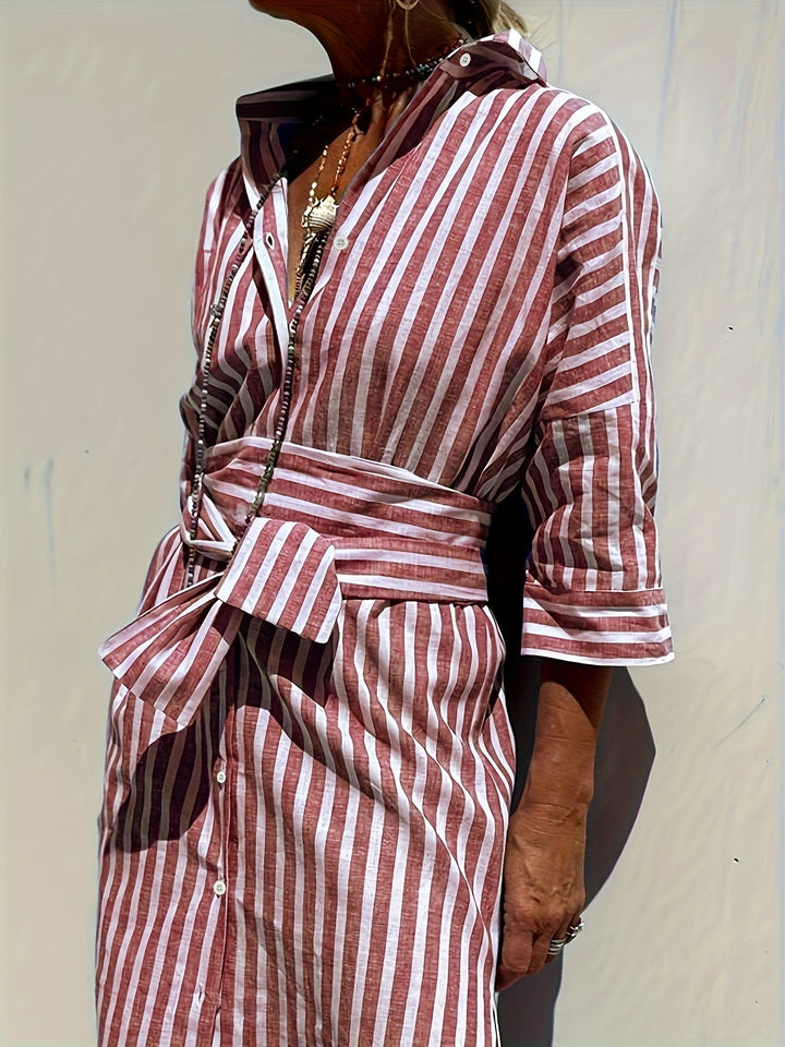 Everyday black striped shirt dress with button-front, women's, three-quarter sleeves, belt.