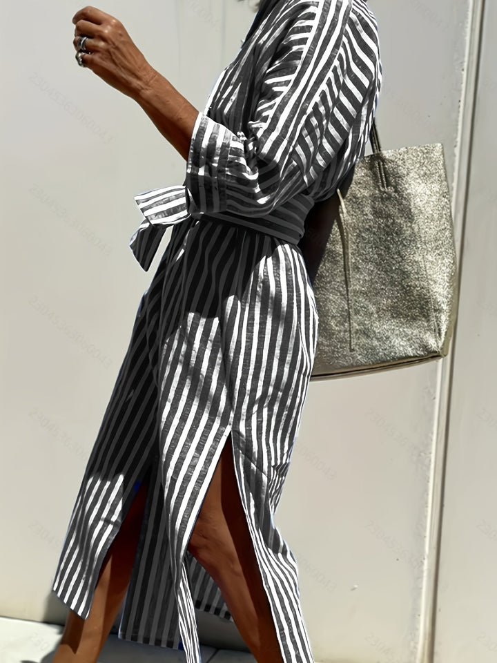 Red striped casual shirt dress, button-front & belted, women's summer fashion, split hem.