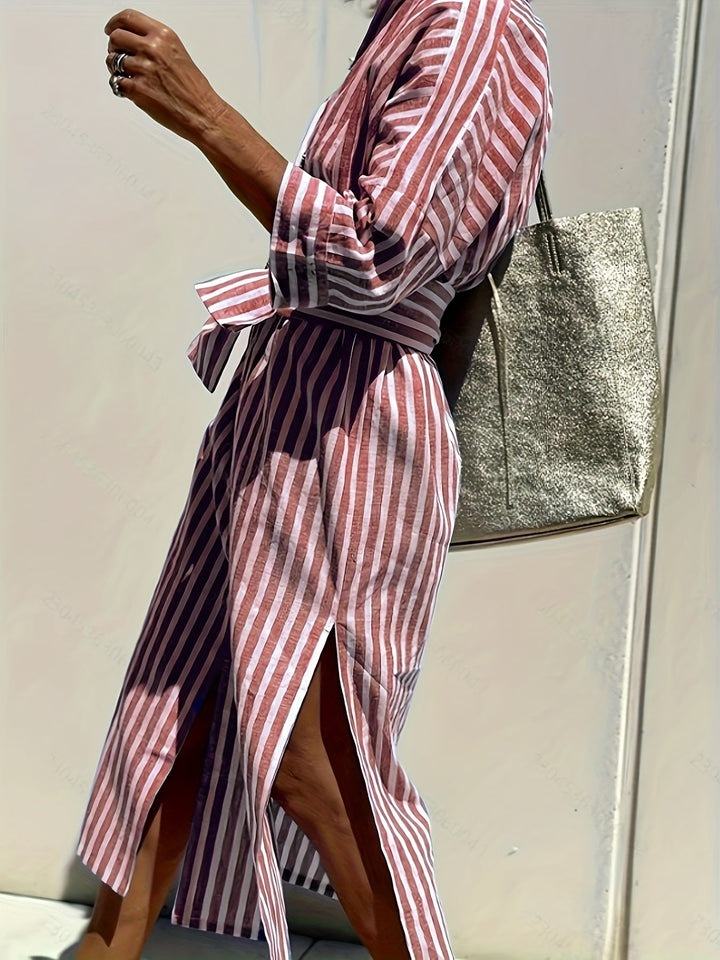 Women's striped shirt dress in vibrant blue, button-front, with a belt, casual & comfortable.