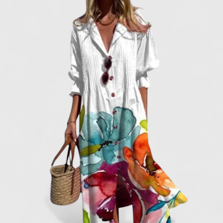 Relaxed fit women's midi dress, bohemian style with vibrant prints, perfect as a casual summer house dress.