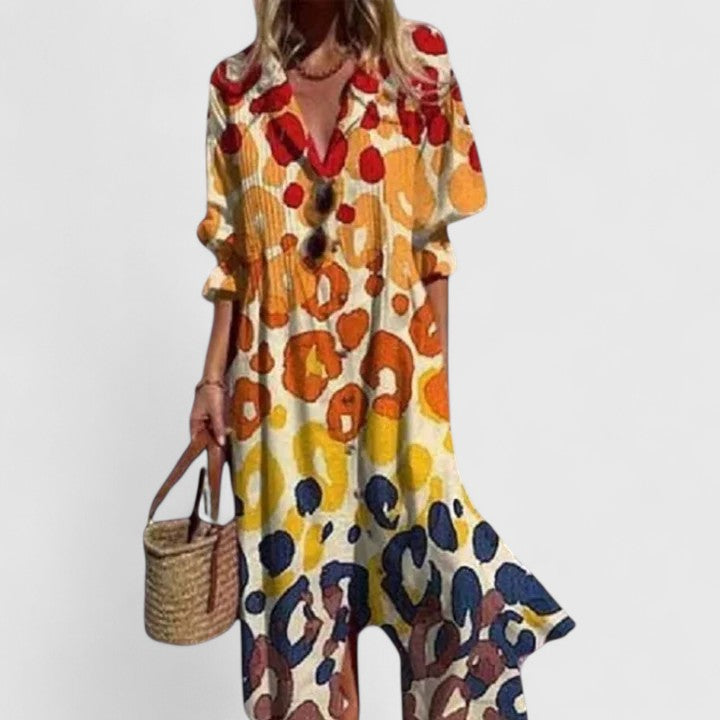 Comfortable women's boho house dress, a flowy midi with vibrant patterns & relaxed fit for easy summer days.