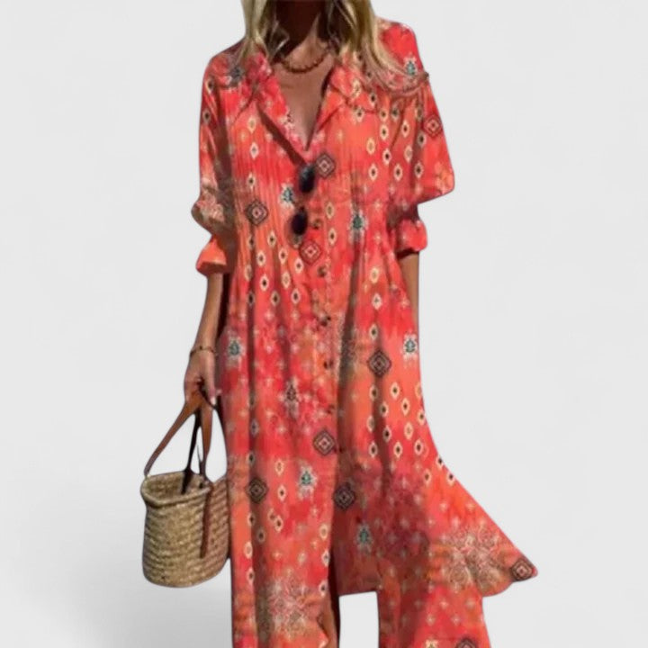 Bohemian fashion women's midi dress, vibrant & relaxed fit. Ideal casual summer wear or comfortable house dress.
