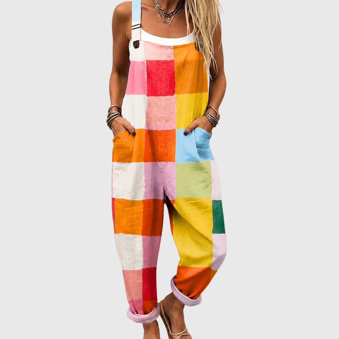 Women's vibrant color block jumpsuit with pockets, perfect for comfortable casual wear and summer fashion.