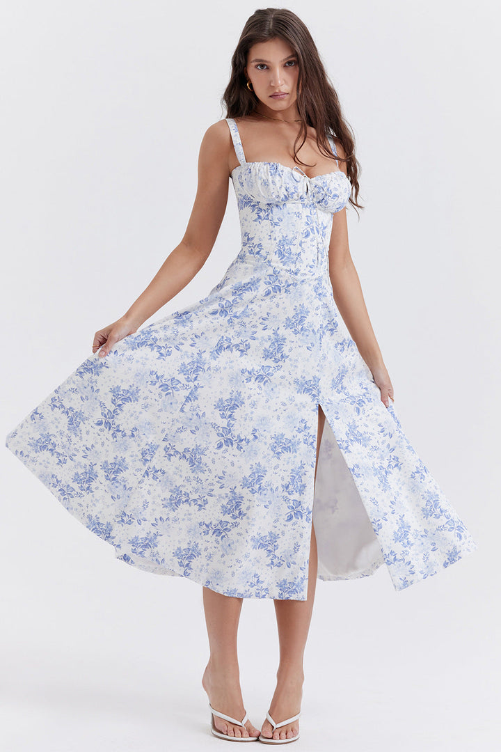 Women's vibrant floral print spring midi dress, perfect for casual or party wear.