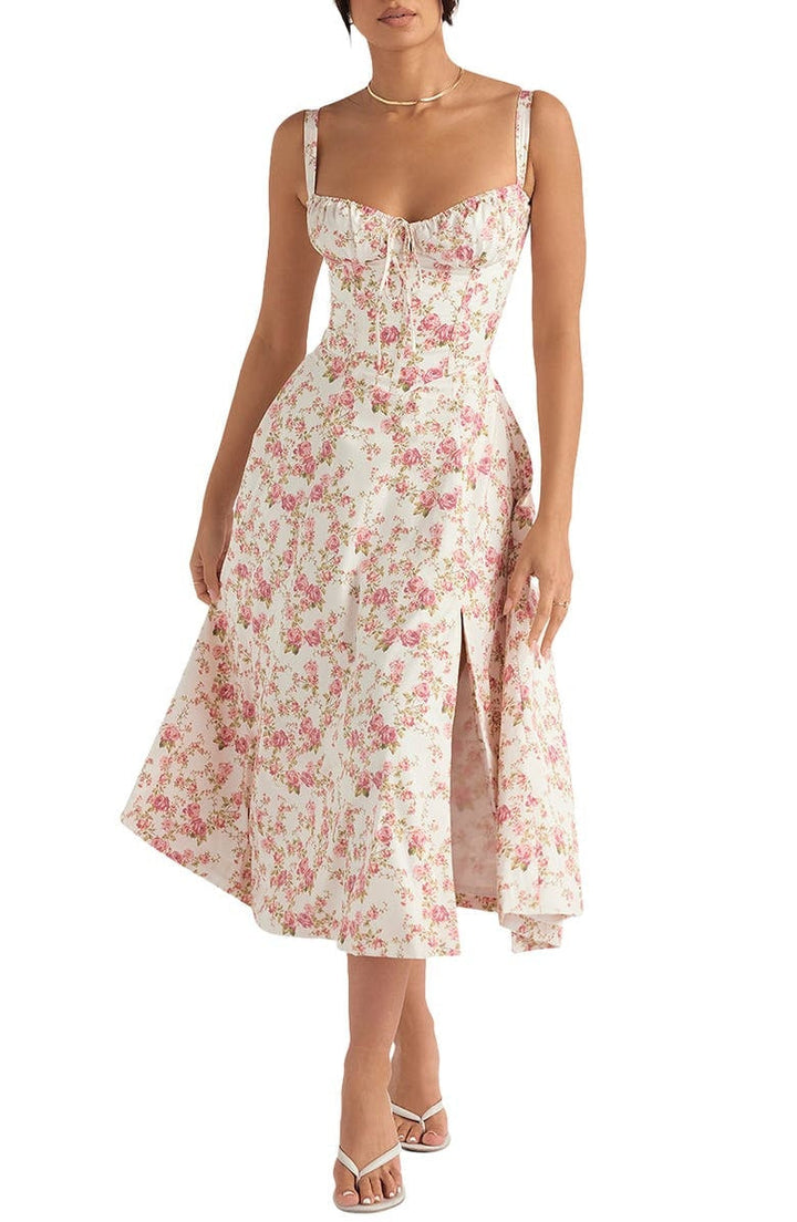 Women's vibrant floral casual midi dress, ideal for spring and summer everyday wear.