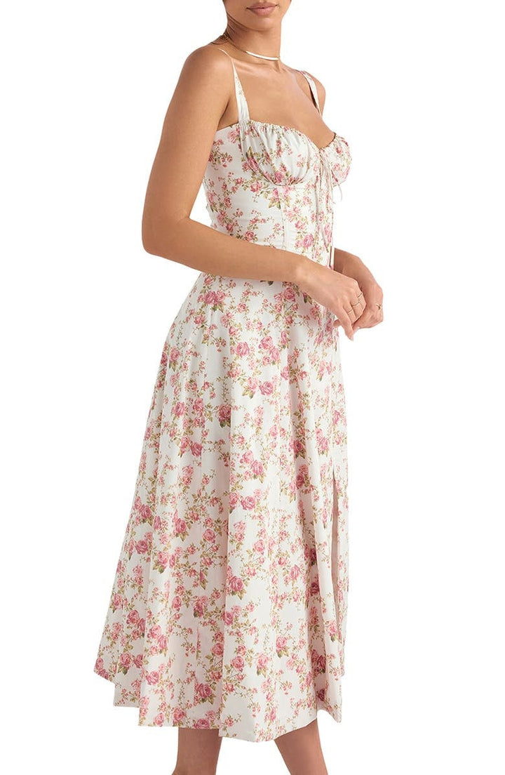 Party women's spring floral midi dress, elegant design, suitable for special events.