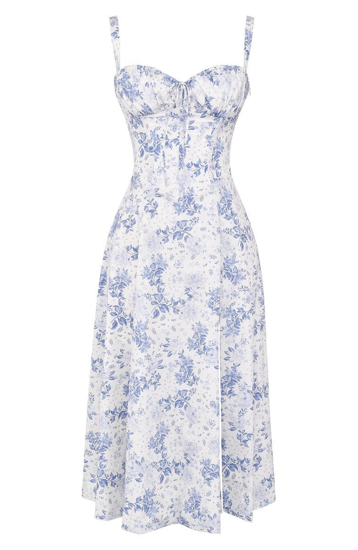 Women's floral print midi dress, comfortable for casual spring outings & summer.
