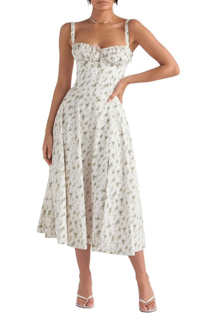 Vibrant women's floral print midi dress, perfect for spring casual or summer party.