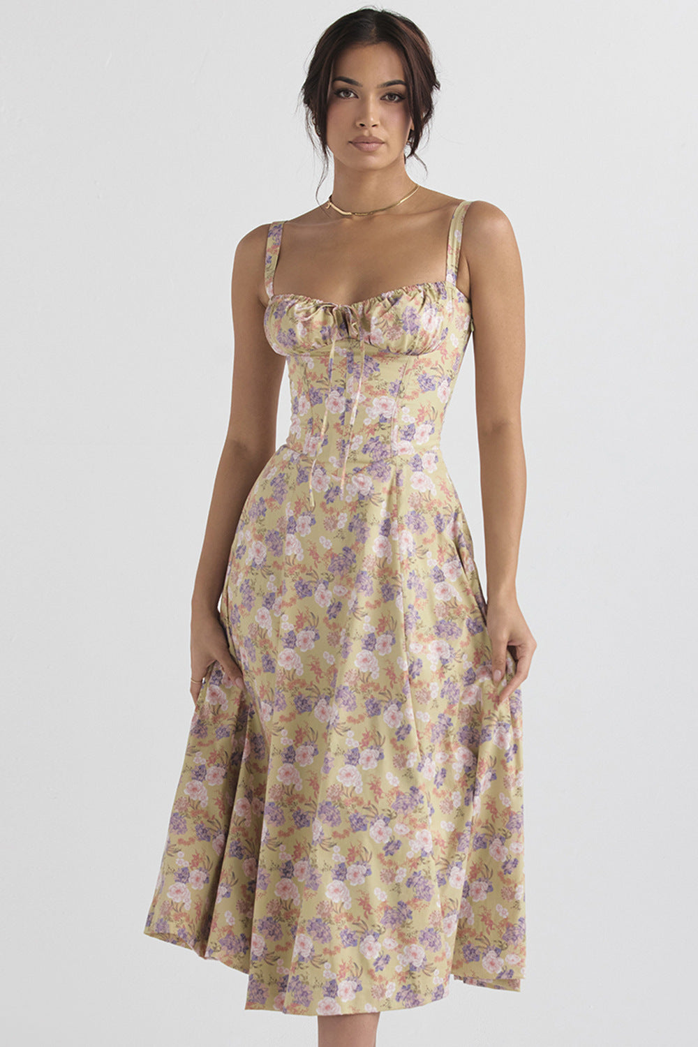 Party-ready women's floral midi dress, elegant design for summer events.