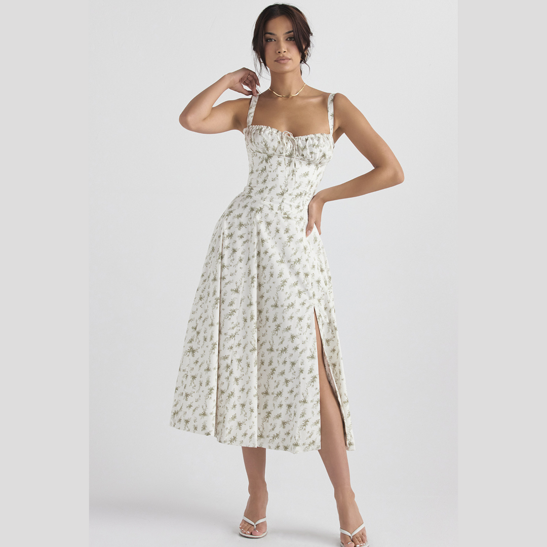 Sweetheart bustier floral midi dress for women, vibrant print, spring/summer fashion.