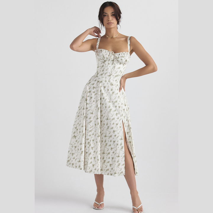 Sweetheart bustier floral midi dress for women, vibrant print, spring/summer fashion.