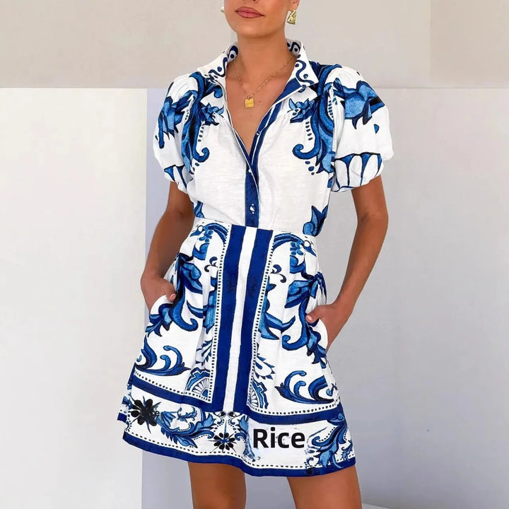 Women's vibrant floral puff sleeve mini sundress, perfect for summer days.