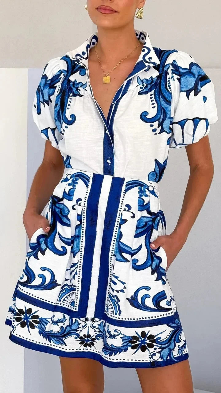 Stylish women's puff sleeve floral mini sundress, tailored for summer.