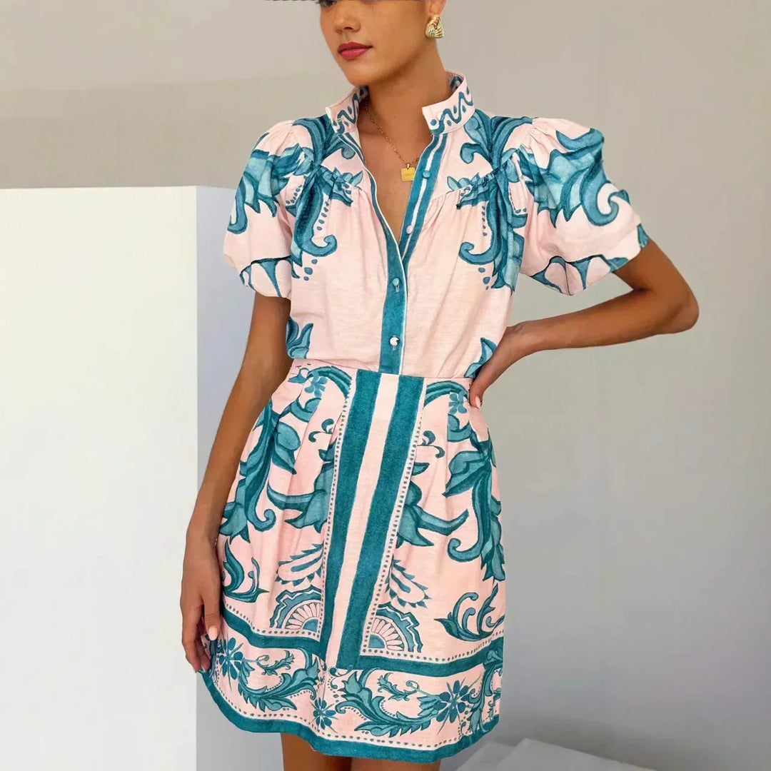 Elegant women's puff sleeve sundress with a bright floral pattern, day wear.