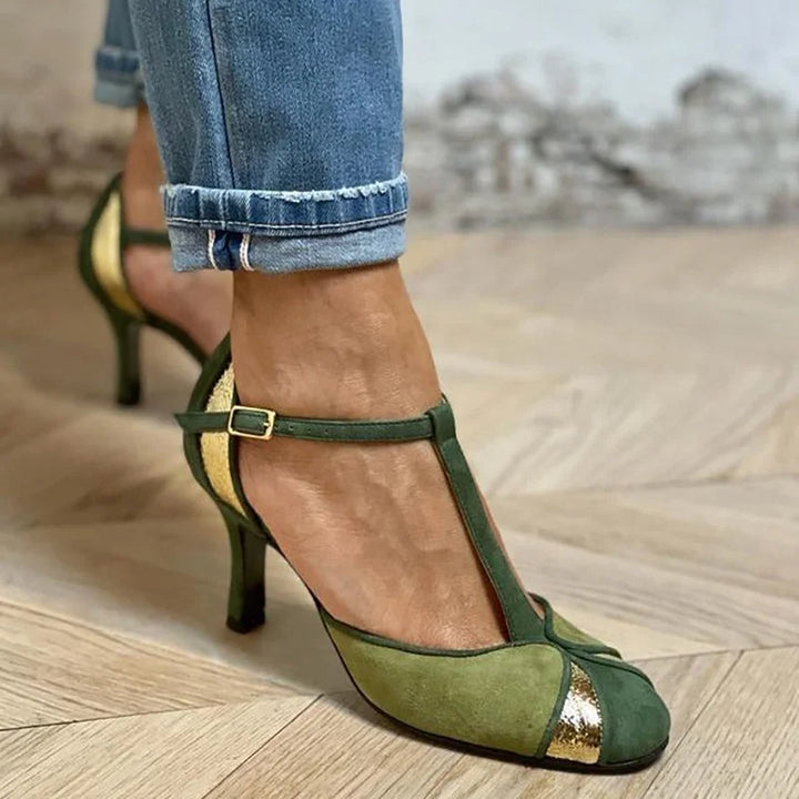 Women's vibrant green patchwork T-strap closed-toe heels, elegant and stylish for formal events & parties.