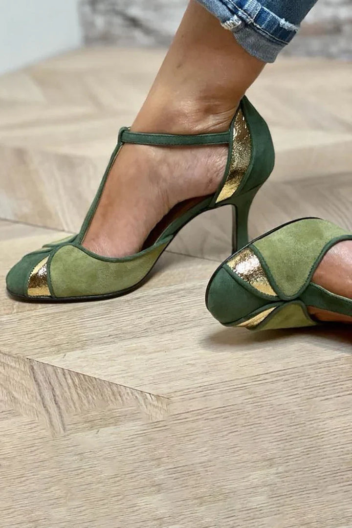 Elegant women's green patchwork T-strap closed-toe heels, a fashion-forward statement shoe for special occasions.