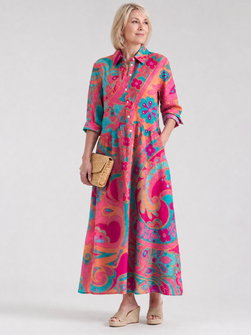 Women's vibrant printed button front collared midi dress, perfect for stylish summer casual & everyday wear.