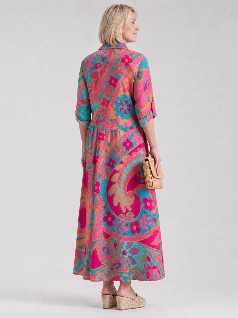Relaxed fit women's printed summer midi dress, with three-quarter sleeves, collared neckline, and button front.