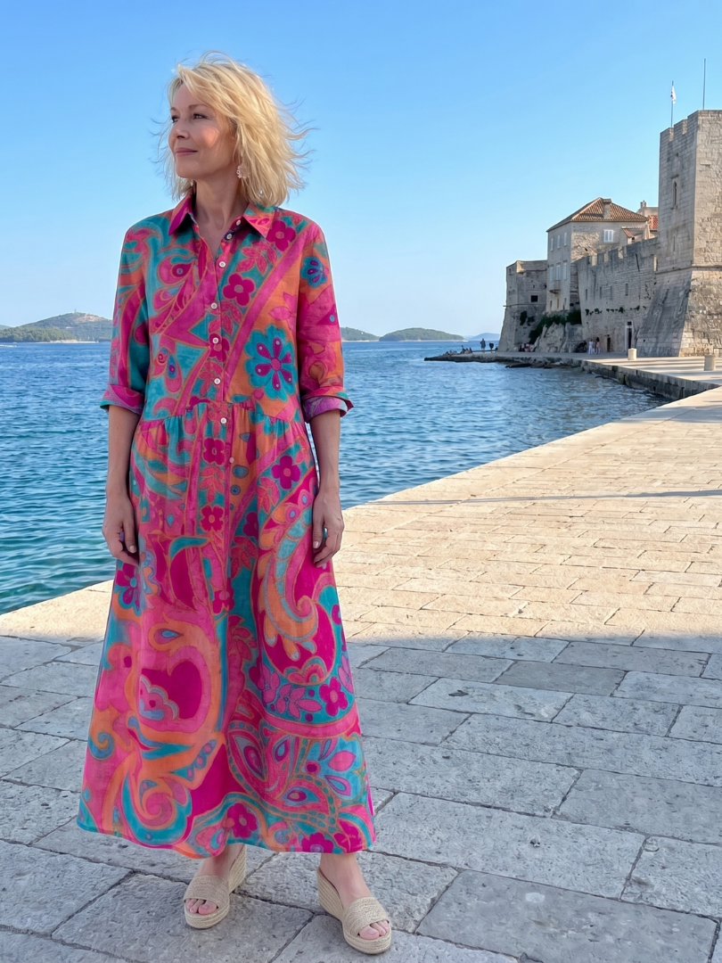 Elegant women's printed collared midi dress with button front, a chic choice for summer outings and daily wear.