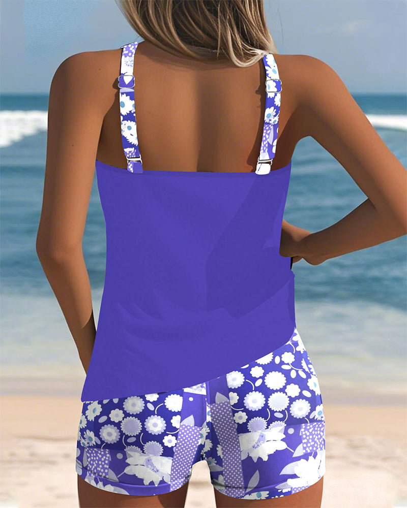 Stylish women's printed tankini swim set & shorts for comfortable beach fashion & summer vacation.