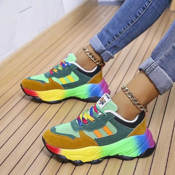 Stylish women's rainbow platform sneakers, comfy lace-up design with chunky sole, perfect for walking and casual outfits.