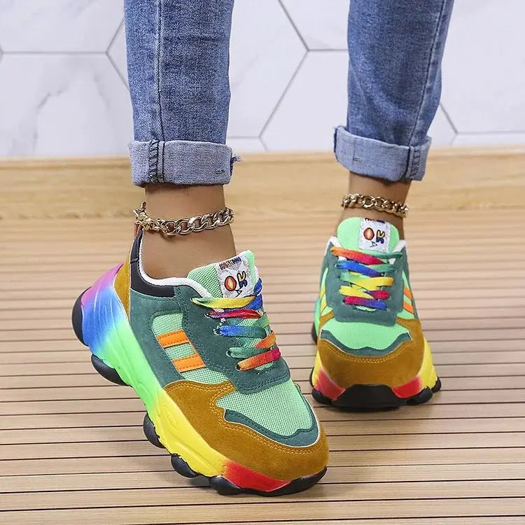 Women's fashion-forward rainbow platform sneakers, comfortable wide fit, chunky sole, and secure lace-up for active women.
