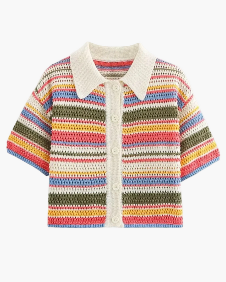 Women's vibrant striped crochet knit top with button closure, short sleeve. Stylish summer casual wear for ladies.