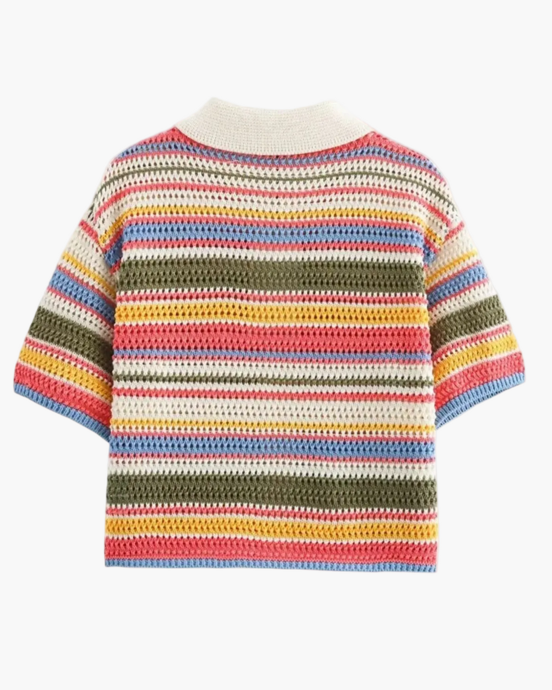 Retro women's colorful striped crochet knit top with buttons. Perfect short sleeve vacation fashion for summer.