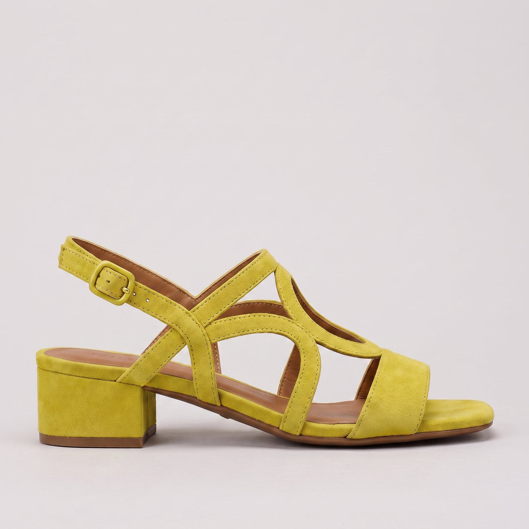 Women's vibrant summer heeled sandals with elegant circular ankle strap.