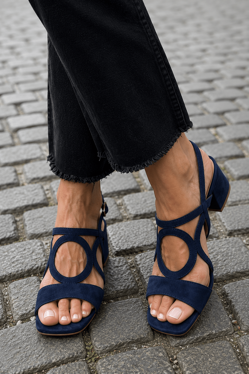Elegant women's summer heeled sandals, vibrant color & circular decorative elements.