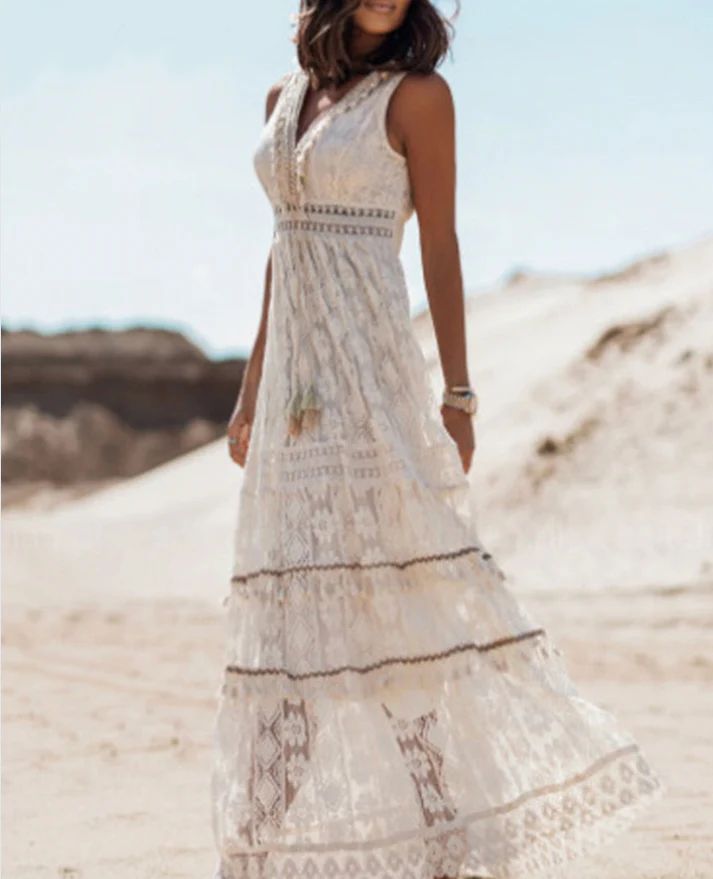 Elegant long women's boho maxi dress with a drawstring waist, perfect for vacation, beach, or casual summer days.