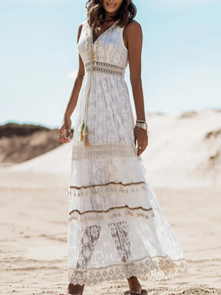Vintage-inspired women's boho maxi dress with drawstring, a versatile sleeveless long dress for summer & vacation.