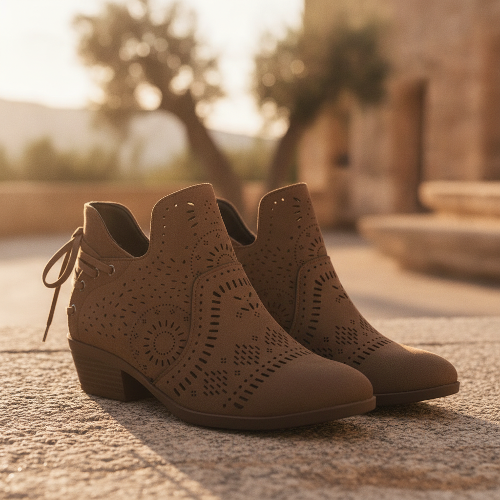 Women's vintage cutout ankle boots with side zip. Stylish & comfortable for everyday fashion. Chic autumn footwear.