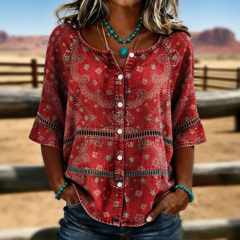 Women's vintage ethnic print blouse with three-quarter sleeves & V-neck. Boho chic casual top for spring & summer.