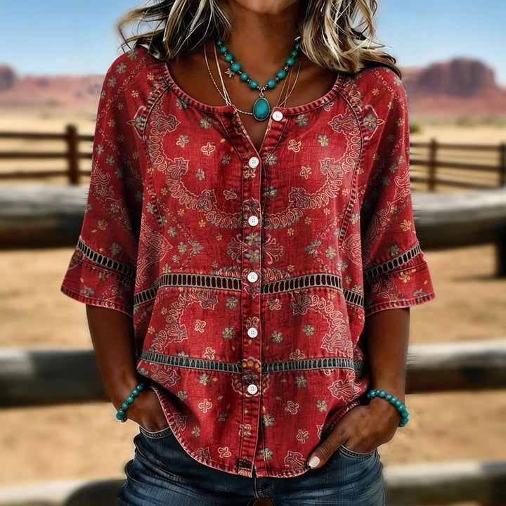 Women's vintage ethnic print blouse with three-quarter sleeves & V-neck. Boho chic casual top for spring & summer.