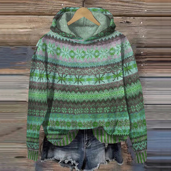 Women's vintage Fair Isle hoodie, cozy and classic style. Perfect for fall and winter fashion.
